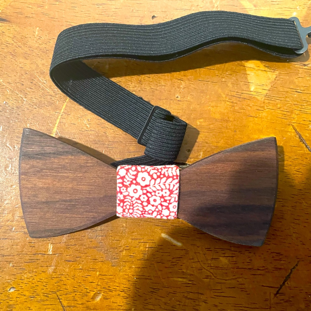 Custom Wooden Bow tie with Red and White fabric